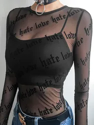 Sexy Women Mesh T-Shirts See-Through Perspective Tshirt Letter Printed O Neck Transparent Long Sleeve T Shirt Tops Women