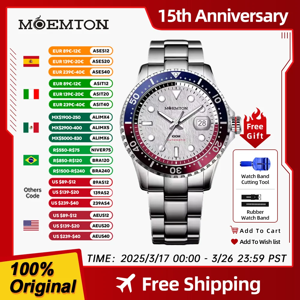 

MOEMTON Automatic Mechanical watch 100m waterproof Luminous sports watch Stainless Steel Men Watch Japanese movement