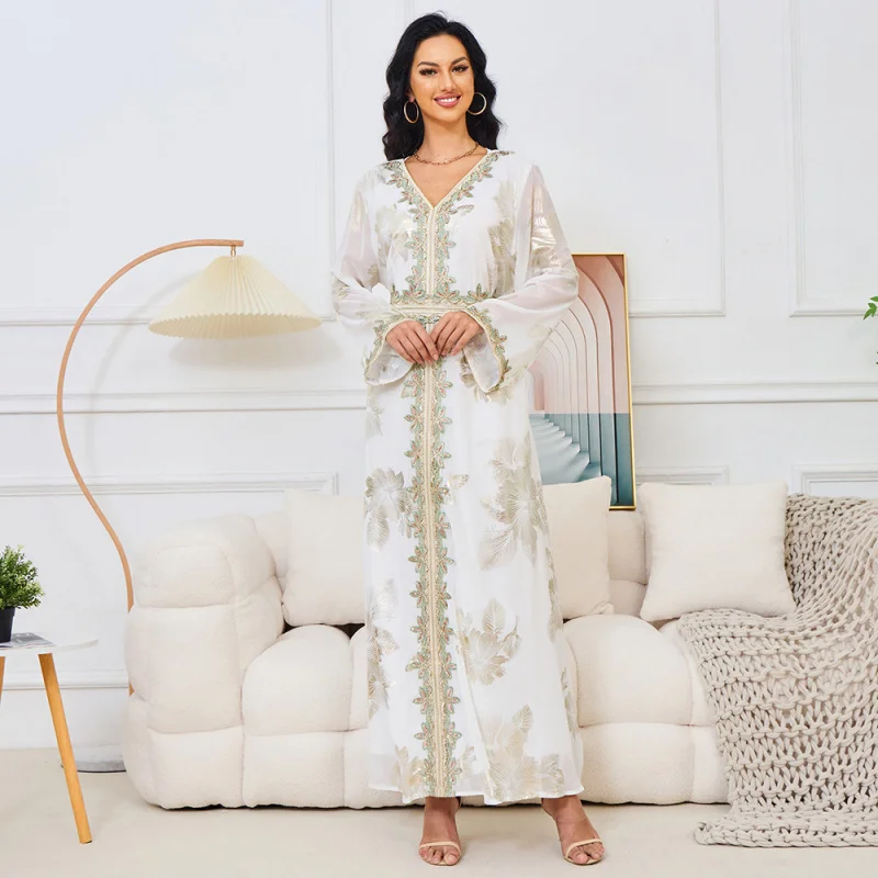 

European and American Fashion Women's New Gold Stamping Muslim Women's Long Dress Dubai Travel Gown Dress