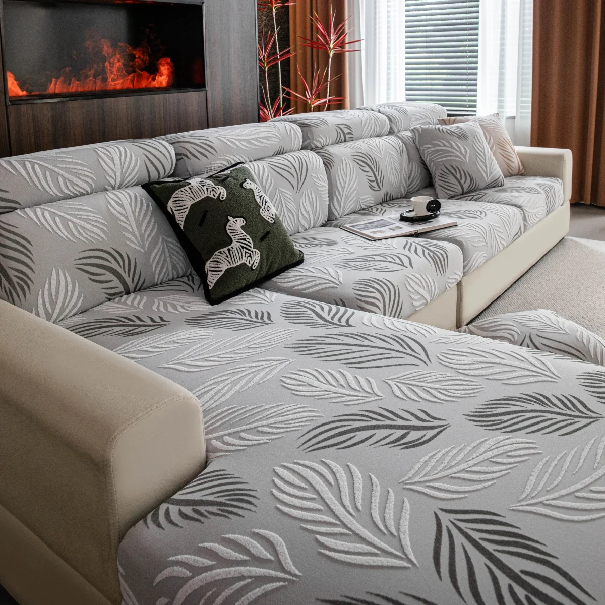 Blätter-Jacquard-Fleece Dehnbarer Sofabezug, Elastischer Sofaüberwurf Geeignet für Alle Jahreszeiten zur Dekoration von Wohnzimmern