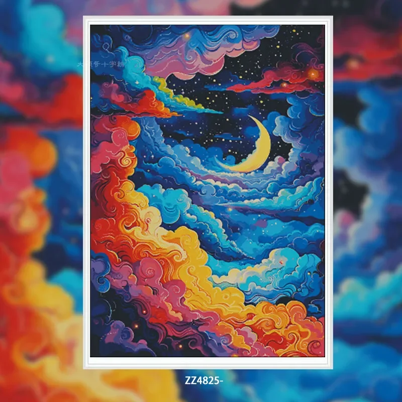 [ZZ4906-Color Clouds Chasing the Moon] Stamped Cross Stitch Kit 14CT 16CT Printed Canvas Cotton Thread DIY Embroidery Wall Decor