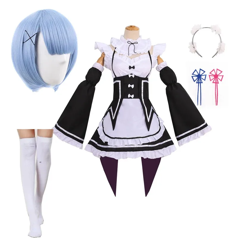 CyRam / Rem Cosplay Re: صفر كارا هاجيميرو إيسيكاي سيكاتسو إعادة الحياة في عالم مختلف فستان خادمة زي أخت كاواي