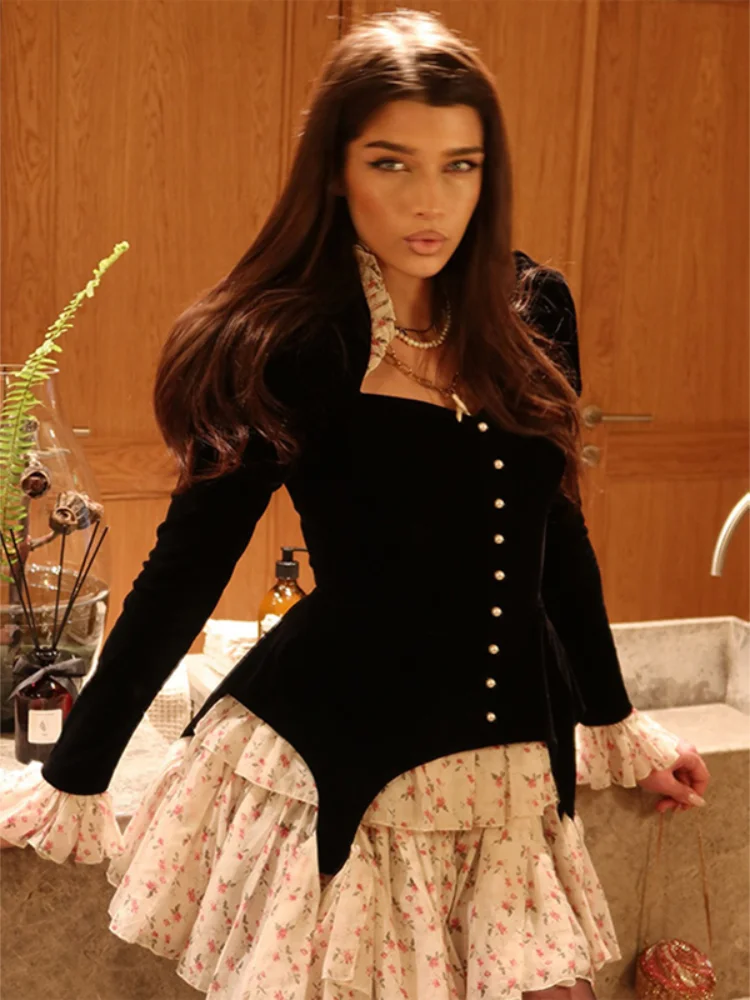 

Fashion Black Velvet Floral Ruffled Dress Women Chic Puffed Long Sleeves Pearl Button A-line Mini Dresses 2026 Lady Party Gown