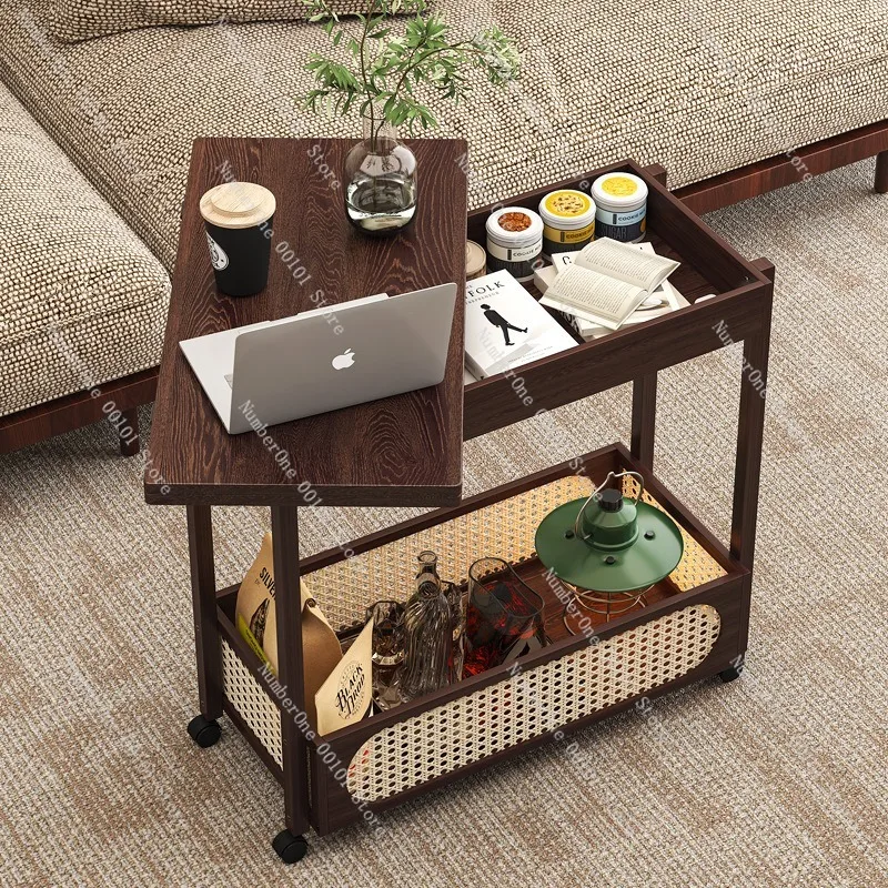 Mobile Multifunction Folding Tea Table with Wheels Solid Wood Side Desk for Living Room Sofa End Table Rolling Coffee Cart