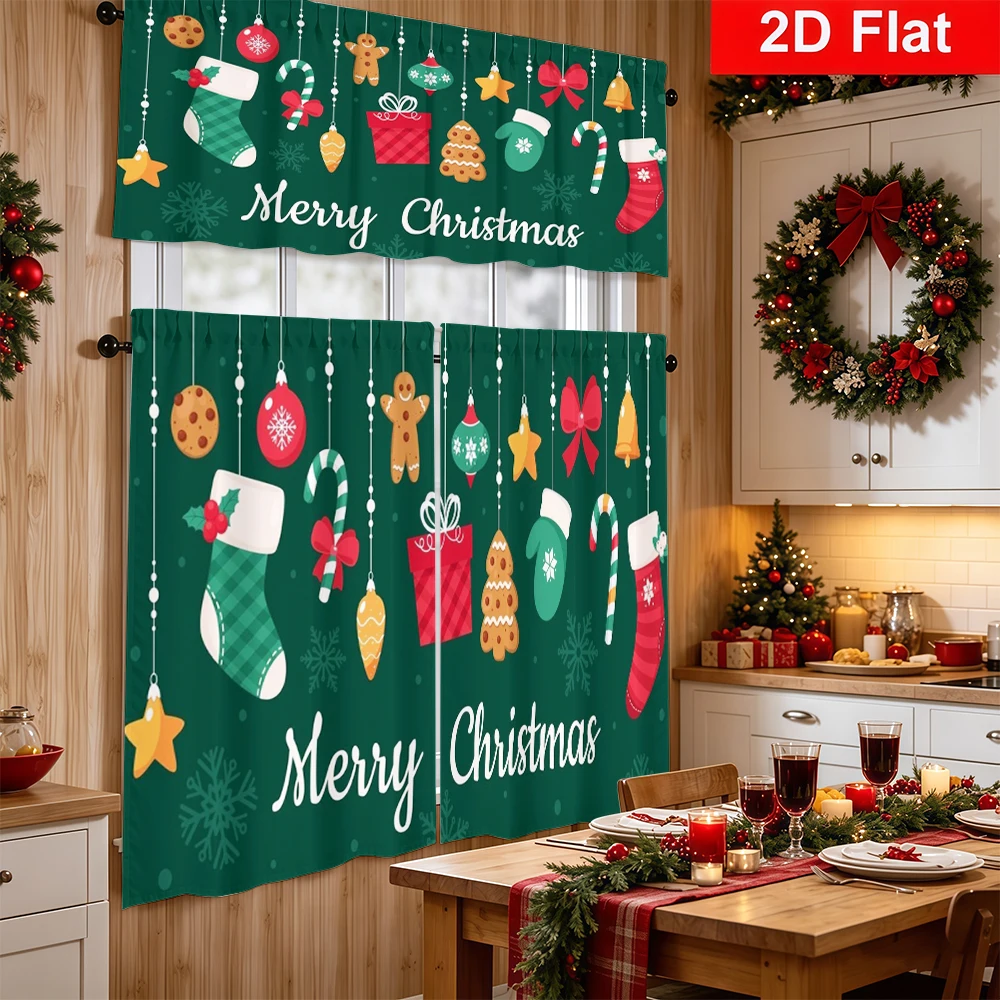 Christmas Kitchen Curtains, Hanging Christmas Ornaments, Digital Print, Kitchen Dining Room, Rod Pocket Polyester, Home Decor