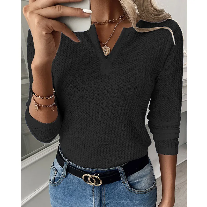 Elegant Waffle Grid Solid Color Blouse 2024 Autumn Women's V Neck Long Sleeves Commuter Shirt Female Daily Casual Straight Tops