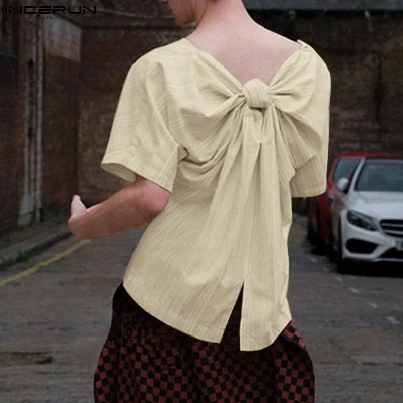 INCERUN الرجال تي شيرت مخطط س الرقبة قصيرة الأكمام Bowknot ملابس الرجال غير رسمية الشارع الشهير فضفاضة أنيقة للجنسين المحملة القمم الموضة