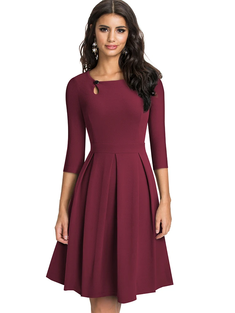 Nice-forever Autumn Vintage Solid Color with Button Dresses Party A-Line Women Flared Swing Dress A223