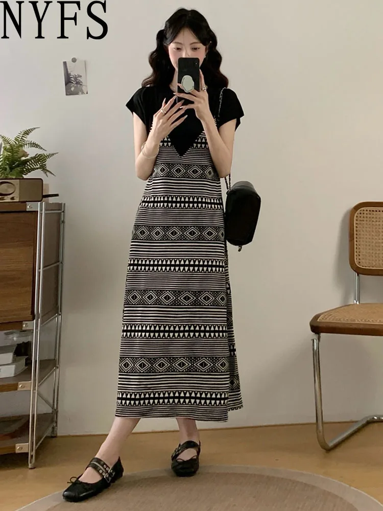 NYFS 2025 صيف جديد فضفاض حجم كبير فستان المرأة الكورية نمط اثنين من وهمية قصيرة الأكمام فستان طويل Elbise Vestidos Elbise