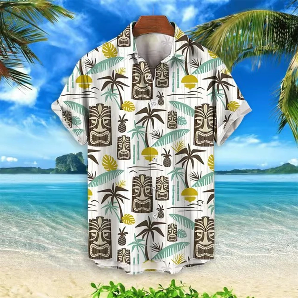 Camisa havaiana para homens, blusa casual tropical de manga curta, camisa de botão, roupas extragrandes, padrão praia