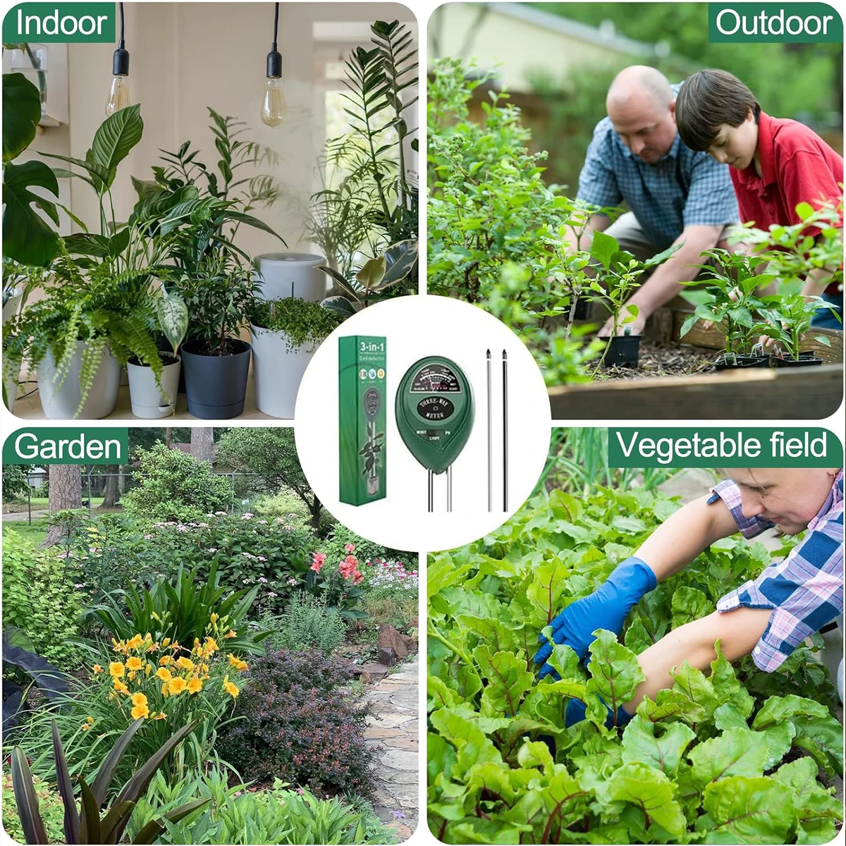3 in 1 Soil PH Meter Sunlight Acid-base Humidity Tester Garden Flowers Ground Moisture Plants Indicator Zha Measuring Instrument