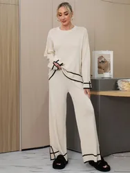 Temperament Women's Autumn Winter Knitted Pants Sets Stripe Slit Long Sleeve Knitting Sweater Wide Legs Trousers Two Piece Set
