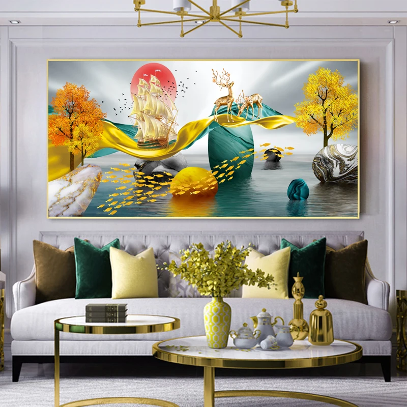 Modern Abstract Light Luxury Decorative Painting Tree Stone Deer Ribbon Posters Canvas Prints Wall Art for Living Room No Frame