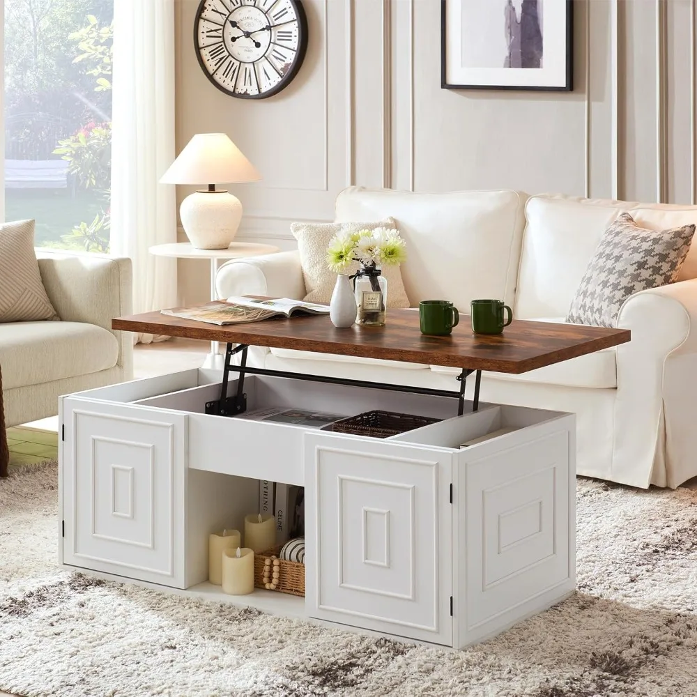 Lift Top Coffee Table with Storage, 48 Rustic Center Table with Hidden Storage Compartment and 2 Cabinet, White Coffee Table
