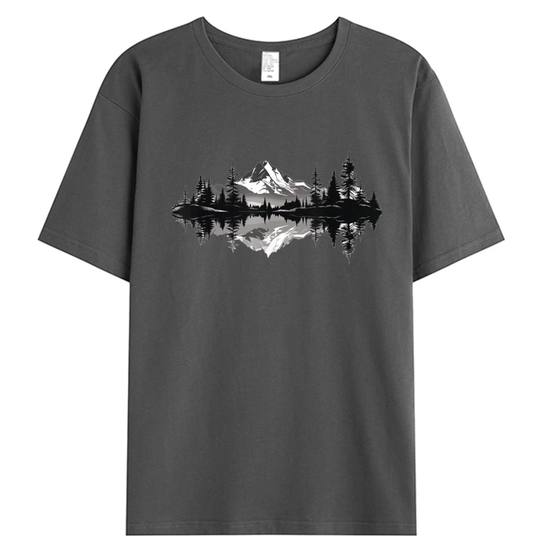 Sommer Frühling Neue T-shirt Berg Landschaft Reflexion Wald Bäume Klassische T Shirt Mann Herren 100% Baumwolle Grafik T-Shirts