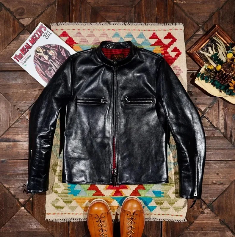 Shop.Best.Italian tea core horsehide jacket.Stand collar short slim motorcycle leather coat.Vintage J100 cloth.