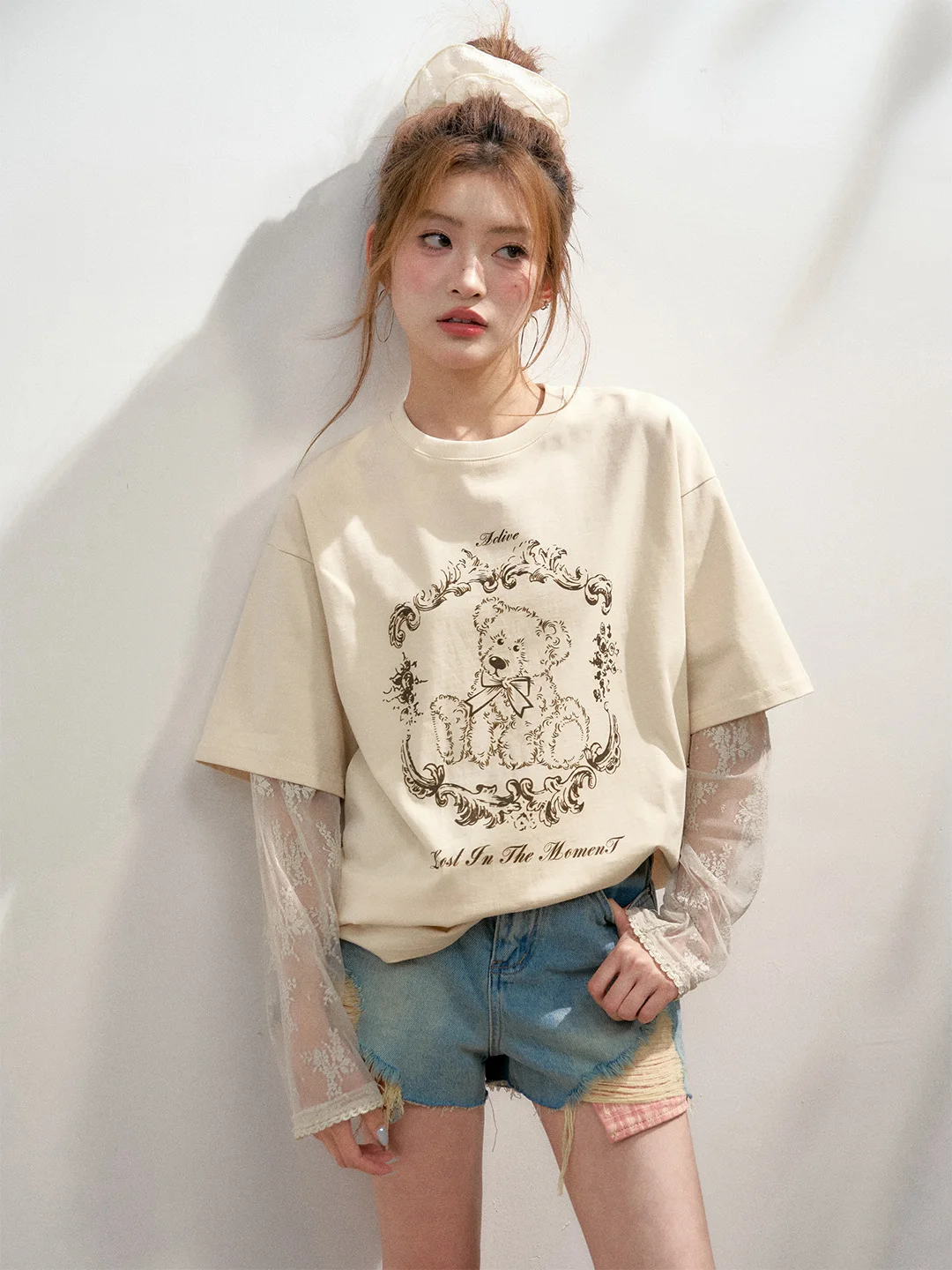 

6DEWS Lace Splice Long Sve T-irt Bear Print Sweet Versatile Top Women's Casual Loose Fit Summer round Ne Mid-Length
