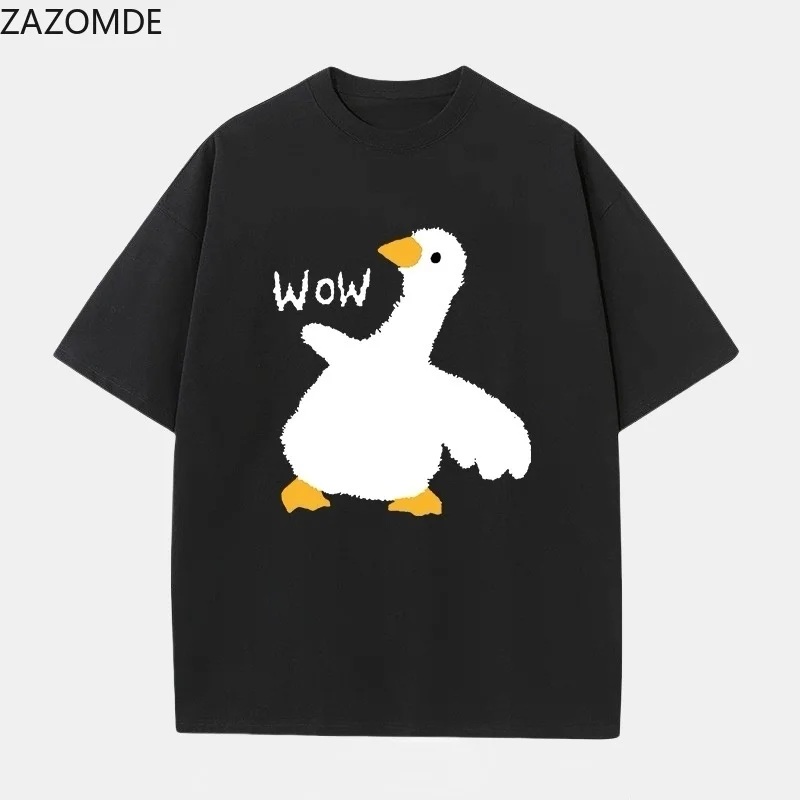 ZAZOMDE Korean Harajuku Casual T-shirt Cute Dancing White Goose Wow Slogan Front Print Crew Neck Loose Versatile Shirts 2026