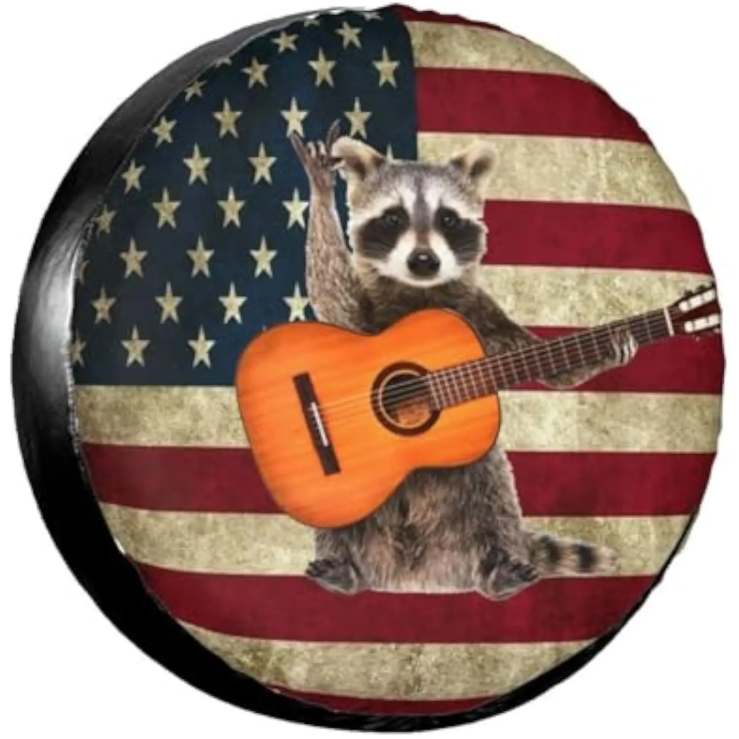 

Patriotic Raccoon Playing Guitar Spare Tire Cover American Flag Wheel Protector Waterproof Outdoor RV Camper Accessory
