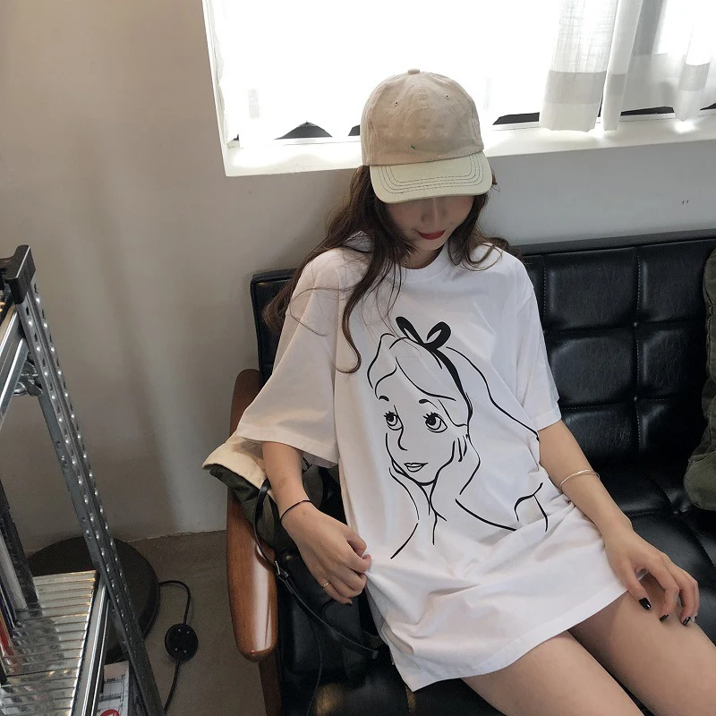 Fashion Summer Women Solid Black White O-Neck Simple Print T-Shirt Short Sleeve Loose Casual Tops Tees Clothes Girl Streetwear