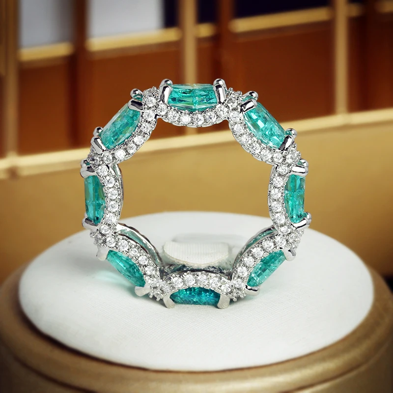 

Luxurious Paraiba Sapphire Princess Cut Full Diamond Ring For Women 925 Stamp Geometric Zirconia Wedding Bridal Jewelry Gift
