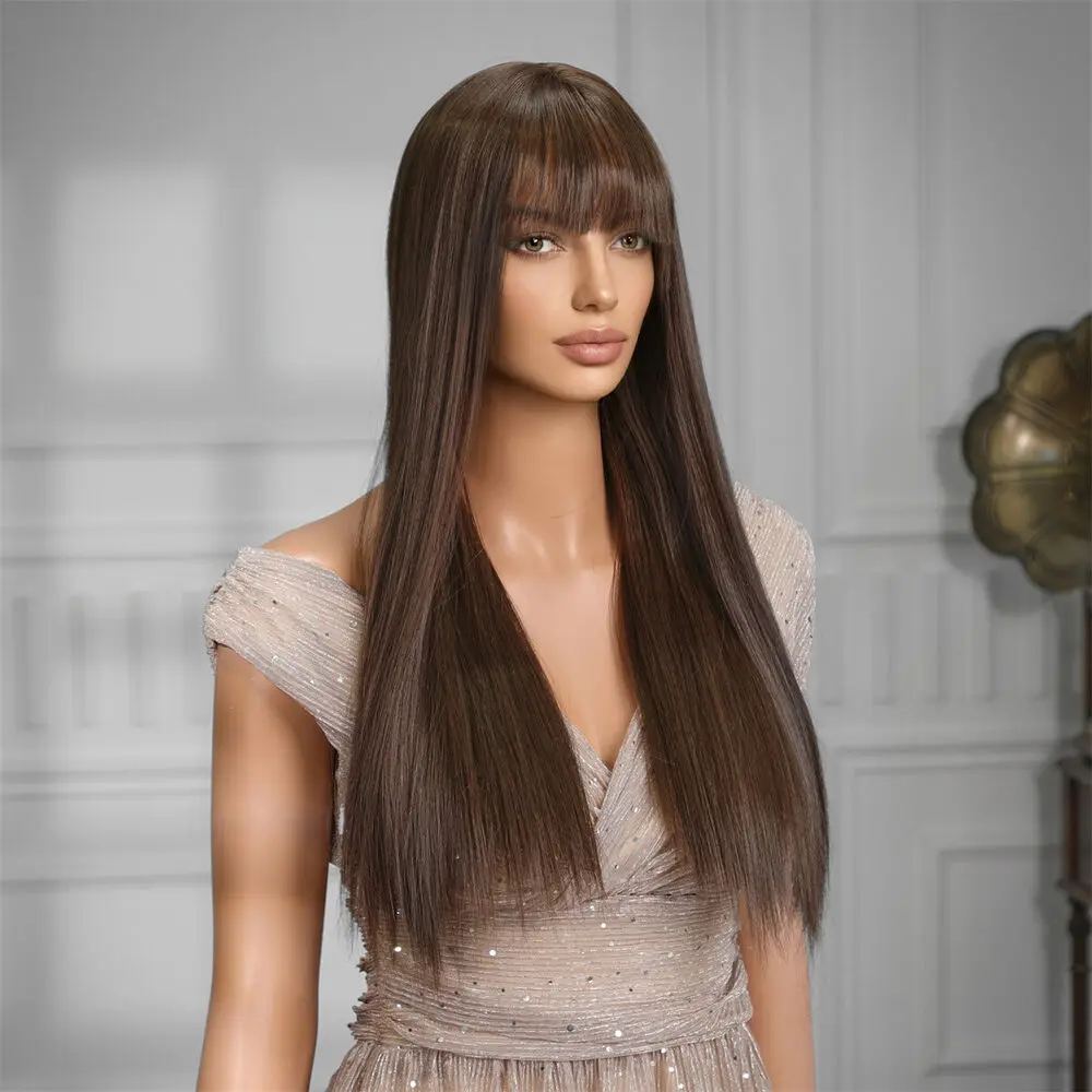 03/Perruque synthétique lisse longue brune avec frange pour femmes