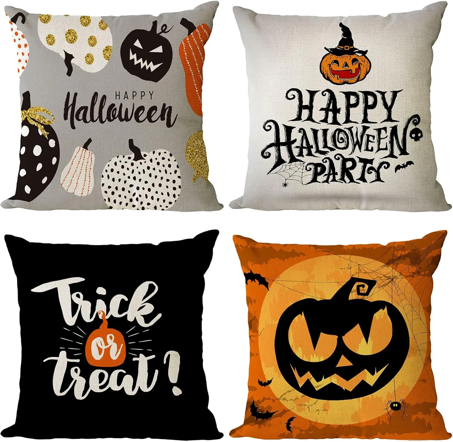 

YeeJu Set of 4 Halloween Pillow Covers 16x16 Inch Trick or Treat Pumpkin Decor Throw Pillow Covers Black Halloween Cushion Cover