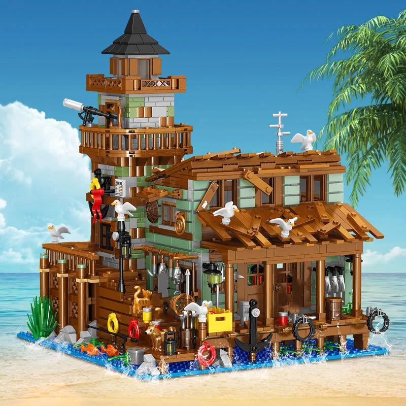 Creativo Micro Fisherman Cabin Wharf casa in legno modello Building Blocks Street View Fishing Village Bricks assemblare giocattolo regalo per bambini