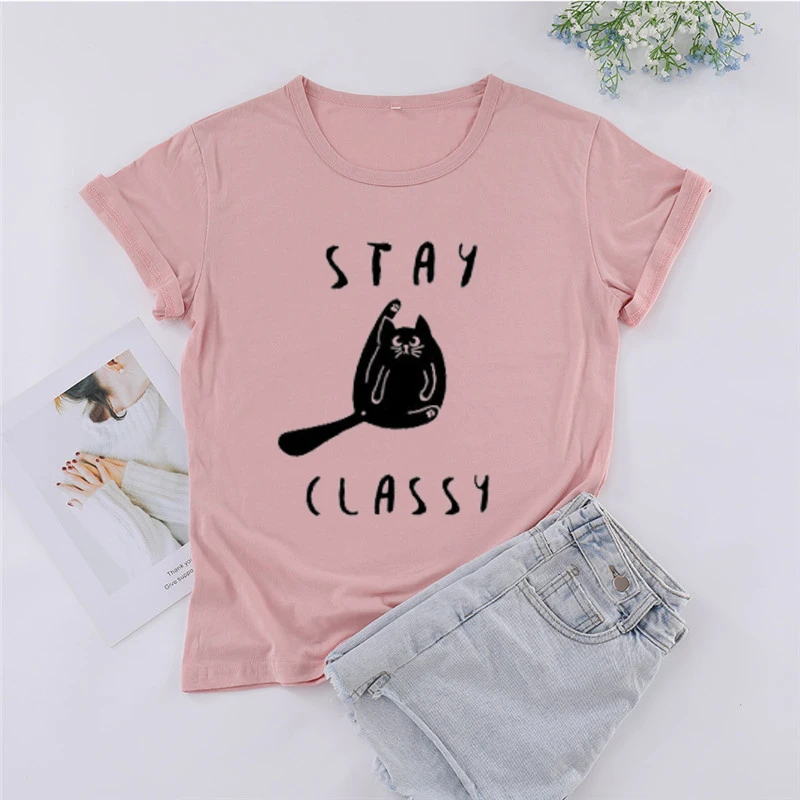 

Funny Cat Shirt Stay Classy Gift for her him Cat Lover Stay Classy y2k aesthetic kawaii clothes graphic tee woman tshirts