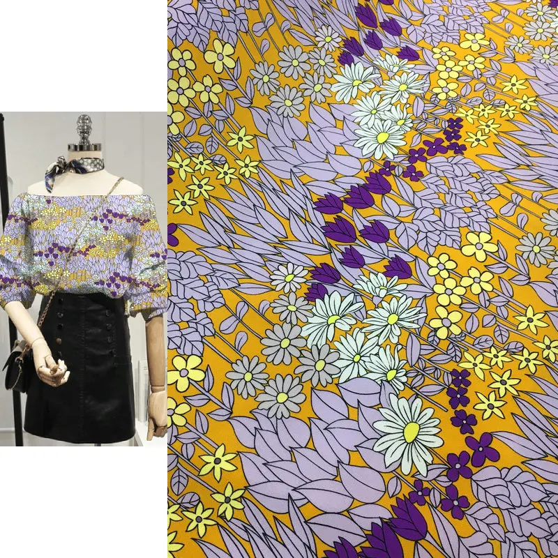 

Mango Yellow Bottom Purple Hand-painted Flower Printed Mulberry Silk Fabric 30 Mommy Stretch Heavy Crepe Silk Dress Fabric Cloth