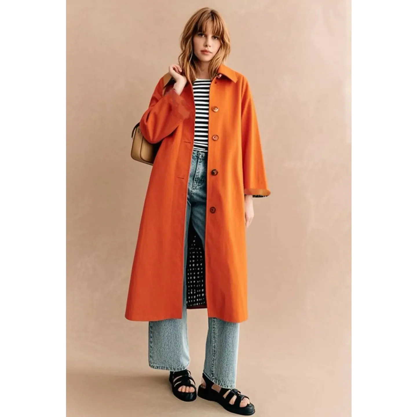 Spring Summer New Arrival Women's Minimalist Style Long Sleeve  Collar Windbreaker Jacket Mid-Length Single Row Multiple ...