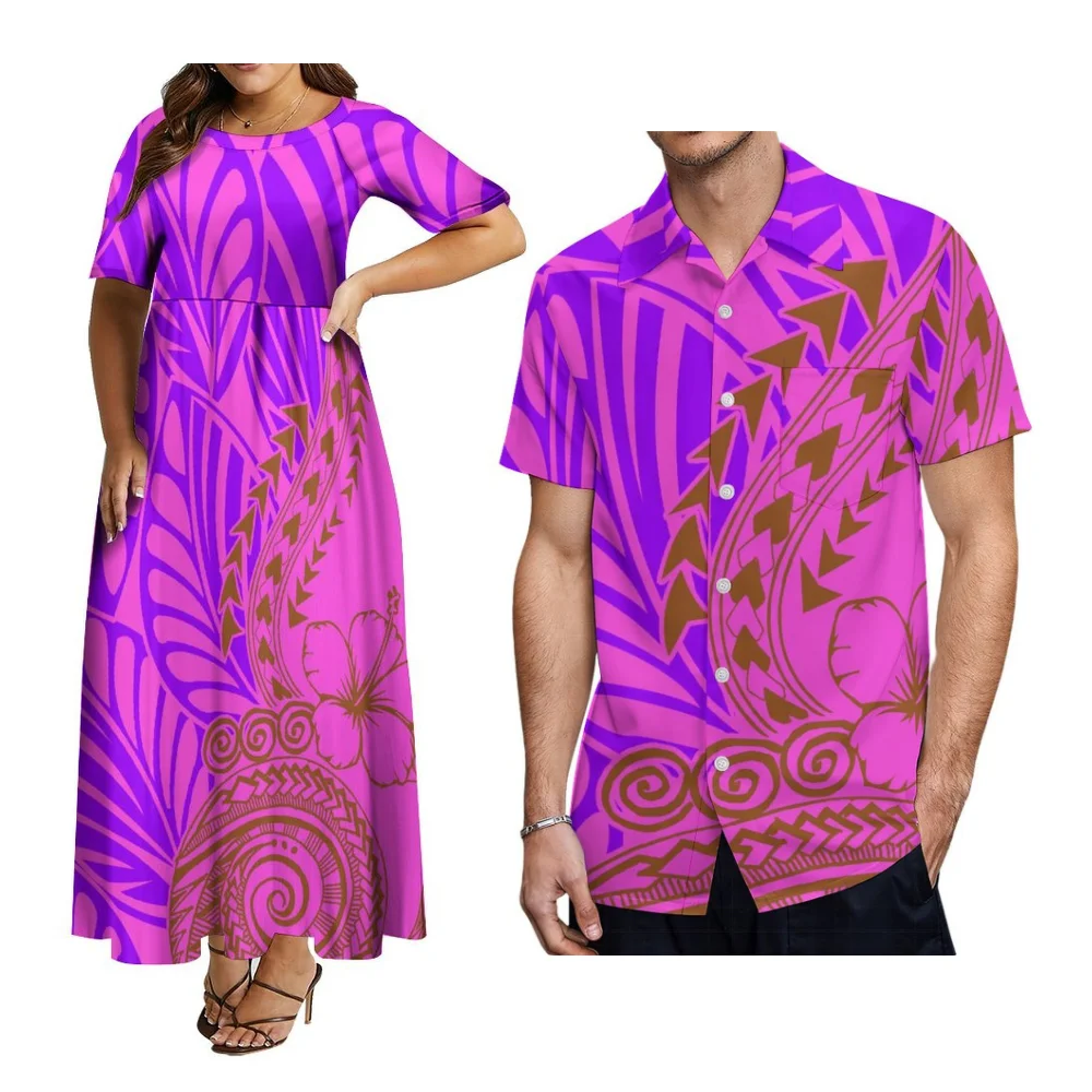 ชุดคู่พิมพ์ลาย Pacific Art Island สำหรับงานเทศกาลซามัว ชุดเดรสผู้หญิงและเสื้อเชิ้ตผู้ชาย แฟชั่นลำลอง ชุดราตรี