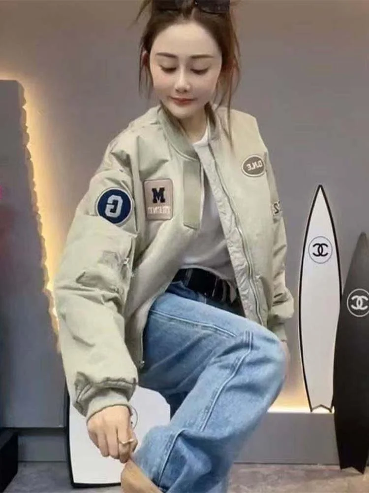 เสื้อโค้ทเบสบอลทรงหลวม ดีไซน์ทันสมัย สำหรับผู้หญิง ฤดูใบไม้ผลิและฤดูใบไม้ร่วง  ผ้าฝ้ายบุใยสังเคราะห์ คอตั้ง แบรนด์ American Sle ort Flight Jaet