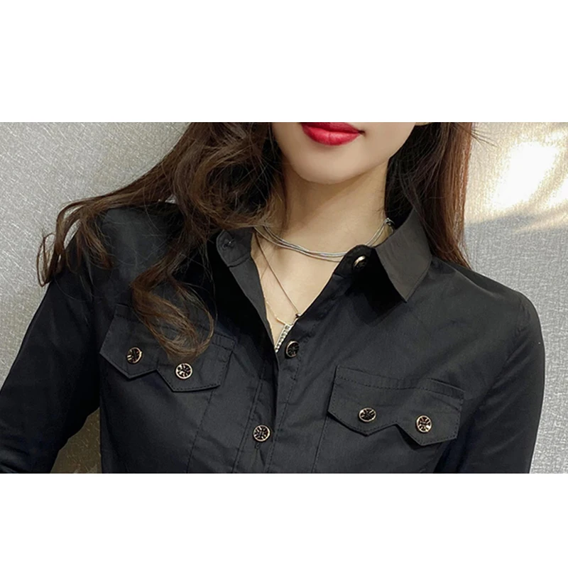 2024 New Fall Winter European Clothes Green Shirts Office Lady Pocket Blouses Chic Sexy Button Up Women Long Sleeve Tops 311126