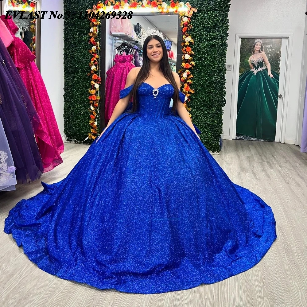 EVLAST Customized Shiny Royal Blue Quinceanera Dress Ball Gown Applique Crystal Beaded Bow Sweet 16 Vestido De 15 Anos E3Q418