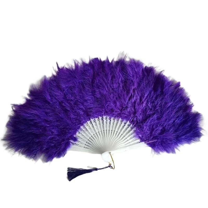 652F Elegant Feathered Fan Folding Design Hand Fan Perfect for Flapper Costumes Dances Performances and Themed Parties