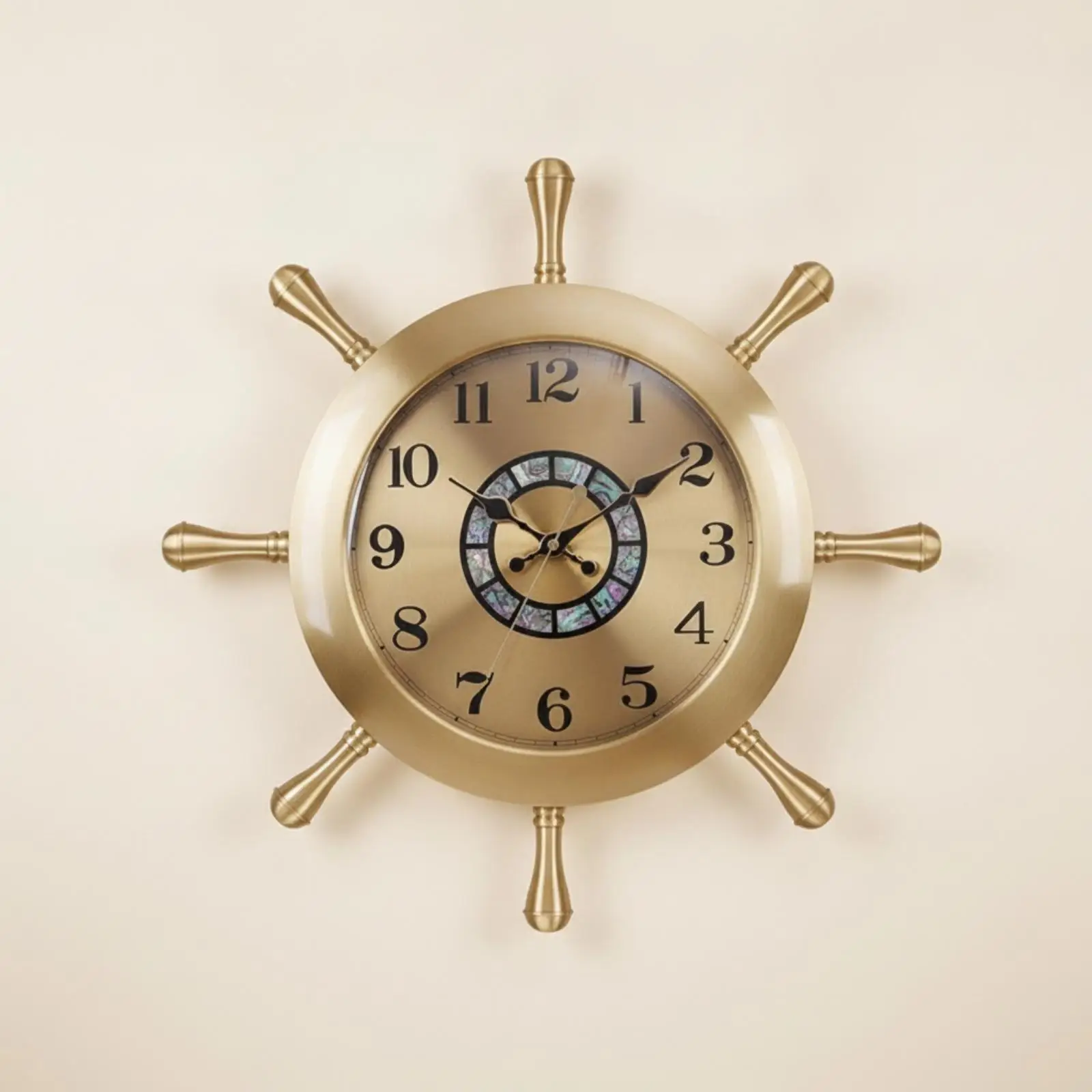 Luxury Brass Wall Clock Ship Wheel Style Gold Toned Face with Multicolor Accent Band for Living Room Bedroom Hallway