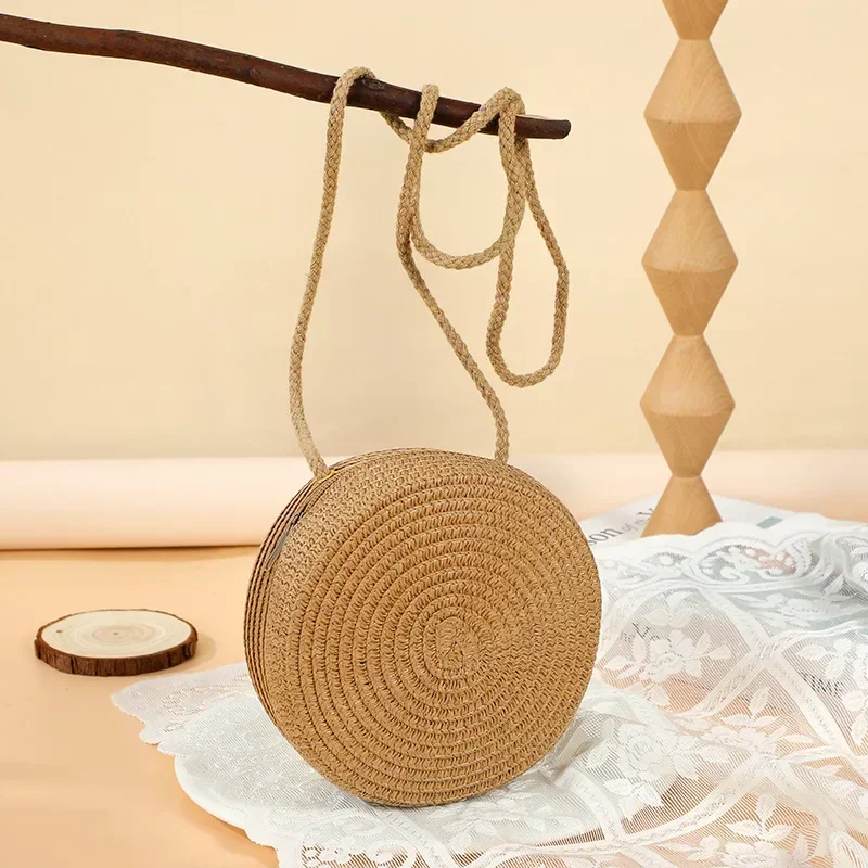 Minimalist Straw Bag Round Crossbody Purse Women Shoulder Vocation Style Handbag Rattan Woven Handbags Bench Bags