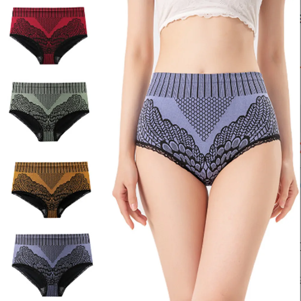 

40-60KG Women Retro Stripes Lace High-waisted Abdomen Panties Hip-lift Antibacterial Underwear Seamless Knickers