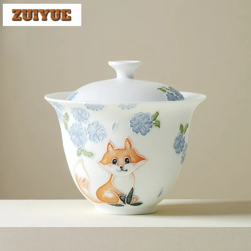 

130 мл Раскрашенная вручную маленькая лиса Гаявань Элегантная чайная чаша с крышкой Набор для приготовления чая Крышка Чаша Кунг-фу Чайный сервиз Украшения