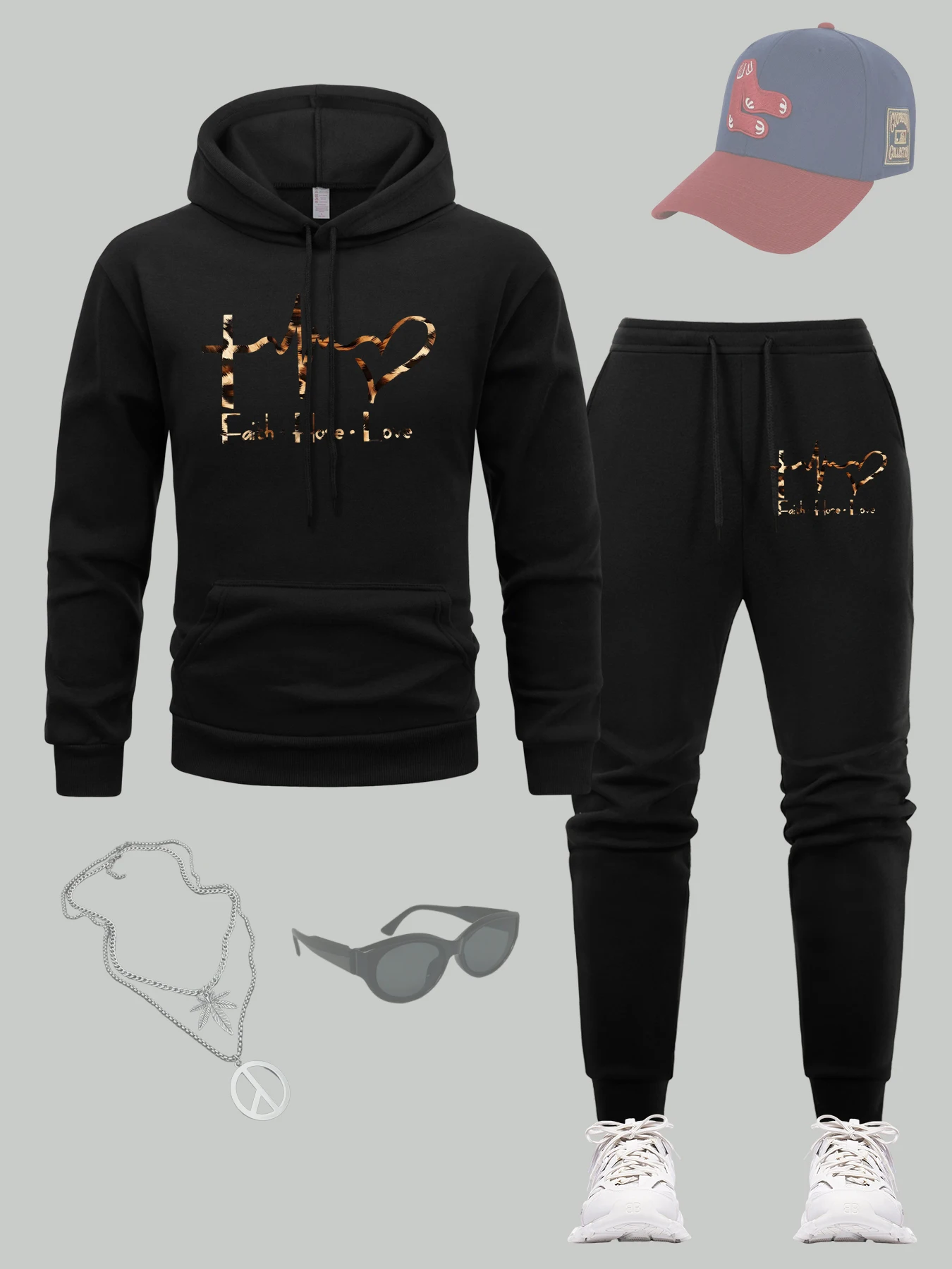 

Faith Hope Love Pattern Men Jogging Pants Sets Drawstring Soft Hoodie Set Fleece Pocket Sweatpants Loose Comfortable Hoodies