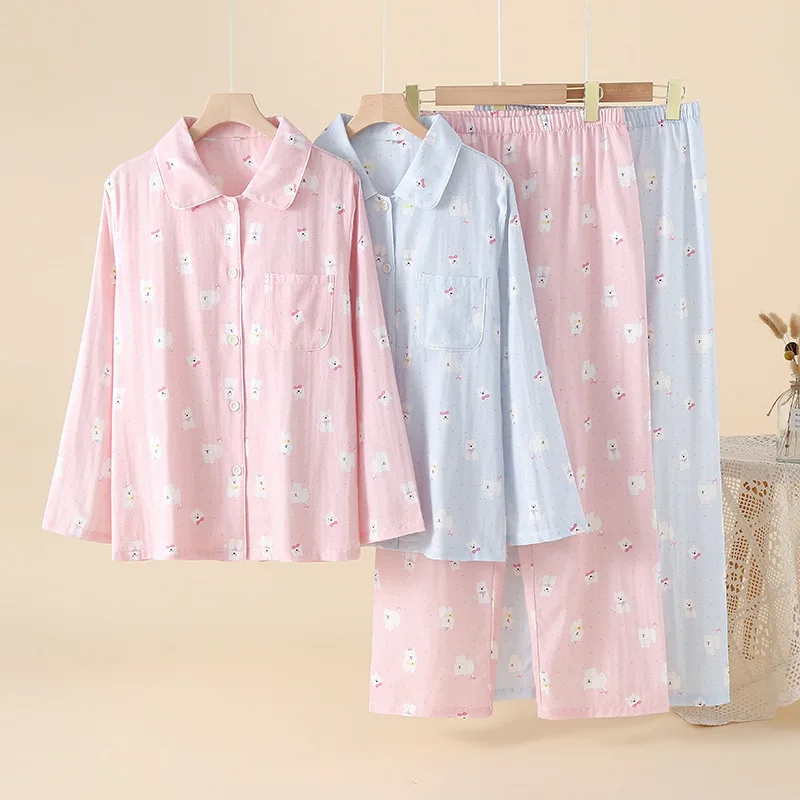 

Новые пижамы из чистого хлопка с двухслойной марлей для женской весенне-летней одежды, подходят для комплекта домашней одежды на открытом воздухе