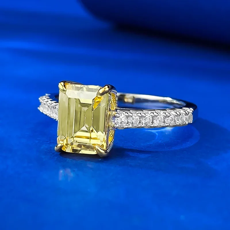 New S925 Silver Diamond Yellow Treasure Simulation Diamond 1.5 Carat Pagoda Women's Ring European and American Wedding Jewelry