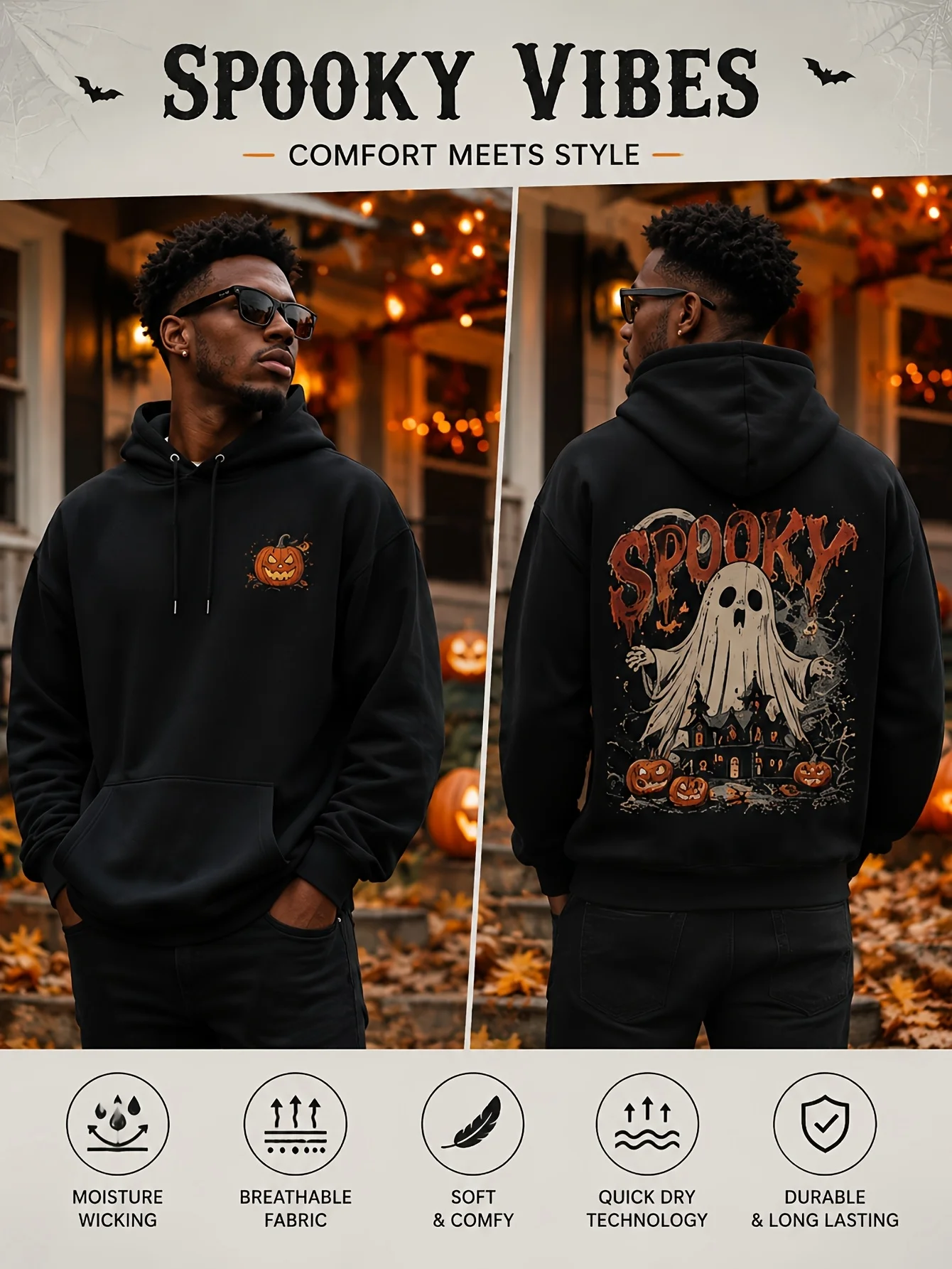 Halloween Ghost Pattern Hoodie for Men and Women, Comfortable, Breathable, Fashionable, Casual Style, Autumn Halloween Party