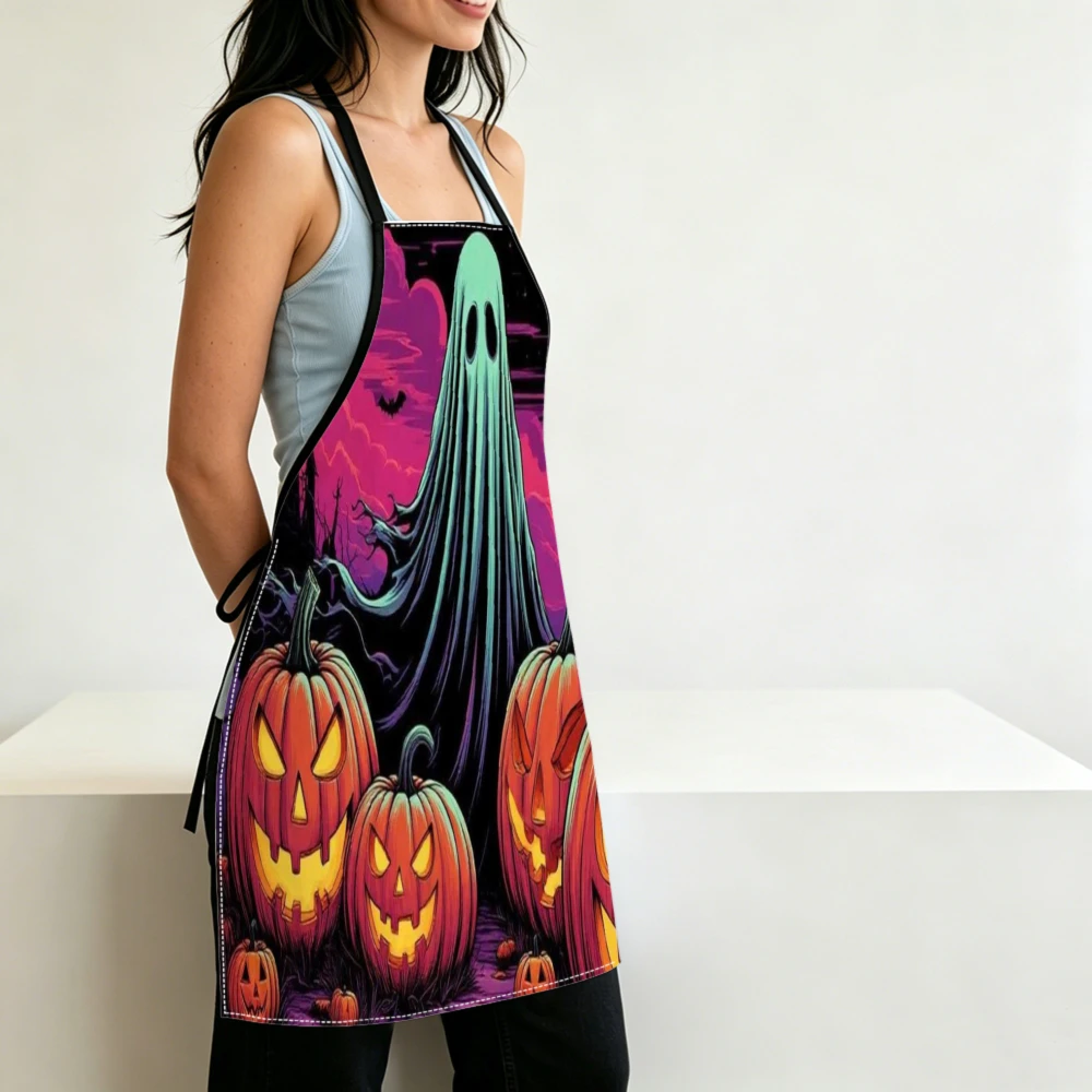 Retro Halloween Style Apron Ghost Pumpkin Print Kitchen Aprons Cooking Baking Adjustable Bibs