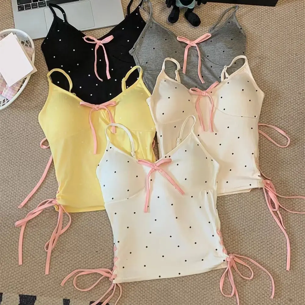 

Sweet Dots Strap Vest Tops Sleeveless Tank Camisole with Pads Drawstring Lace-up Y2K Slim Crop Top Streetwear