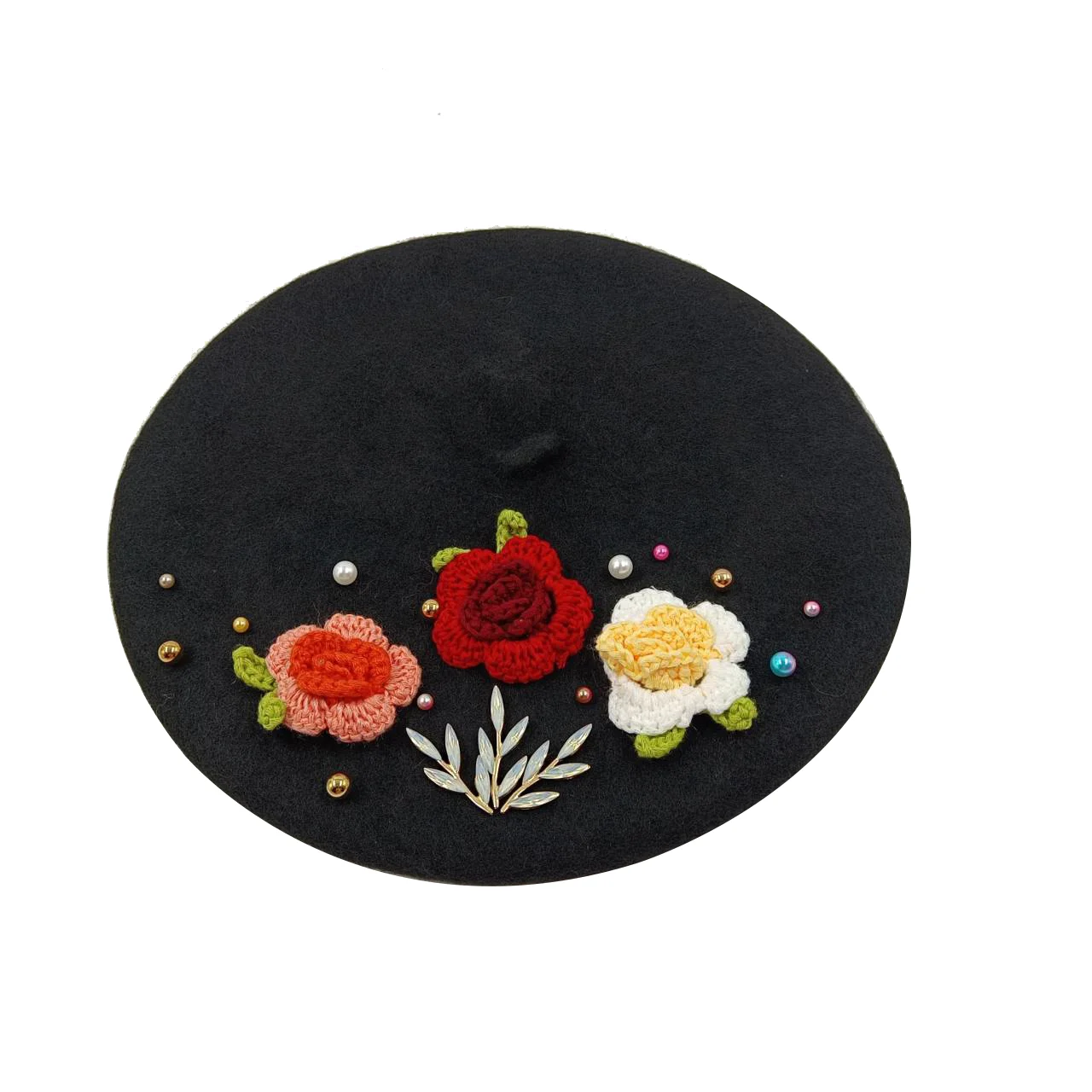 Y2k Beret Flower Pearl New Wool Woolen Peach Sweet Love Artist Hat Spring/Summer INS Funny Girl Pink Beret