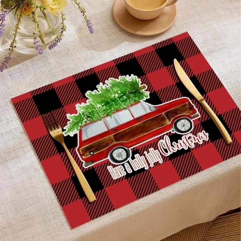 Red Black Buffalo Plaid Christmas Car Placemats Have A Holly Jolly Christmas Tree Table Mats for Home Dinner Party
