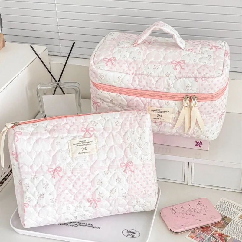 

Flower Contrast Color Female Bow Cosmetic Bags Large Capacity Sweet Bow Women's Makeup Case Heart Quilting Clutch Handbags