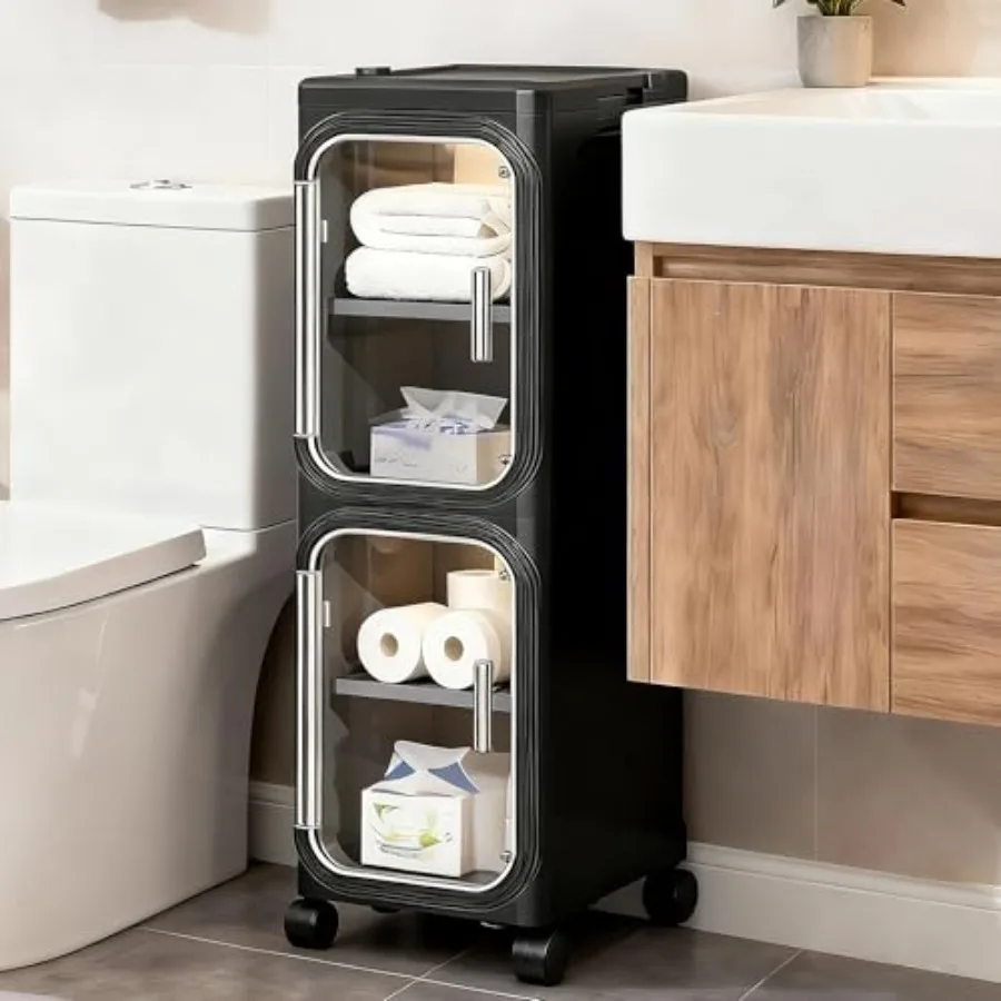 

2-Tier Narrow Storage Cabinet, Slim Bathroom Storage Cabinet with Adjustable Shees and Wheels, Narrow Organizer for Small Space